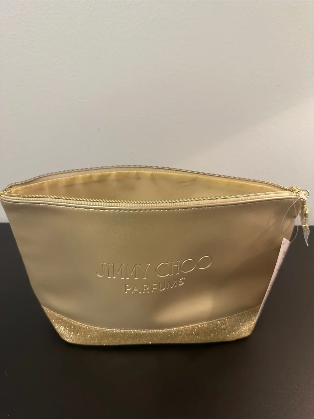 NWT Jimmy Choo Gold Parfumes Cosmetic Pouch w Glitter Trim & Gold Zipper Charm